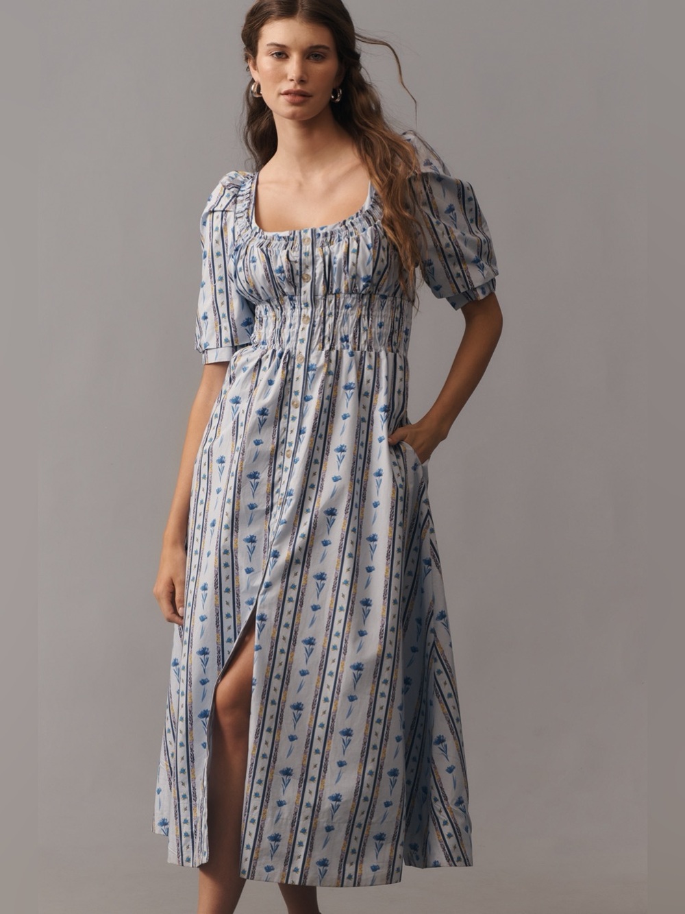Maeve by Anthropologie Blue and White Floral Stripe Smocked Maxi Dress